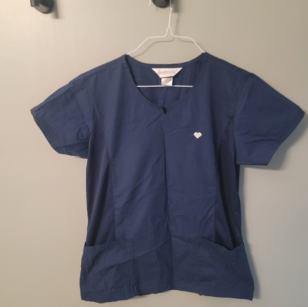 NWT Superior Uniform Group Blue Scrub Top with Heart Detail X-Small